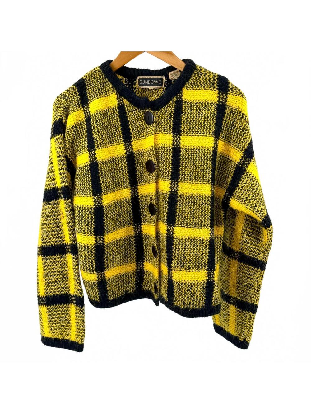 Vintage 80s Sunbow 2 Yellow Black Plaid Boxy Cardigan